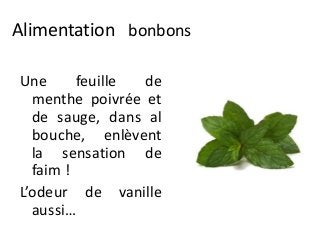 Alimentation bonbons
Une feuille de
menthe poivrée et
de sauge, dans al
bouche, enlèvent
la sensation de
faim !
L’odeur de vanille
aussi…
 