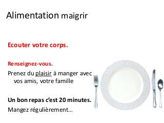 Alimentation maigrir
Ecouter votre corps.
Renseignez-vous.
Prenez du plaisir à manger avec
vos amis, votre famille
Un bon repas c’est 20 minutes.
Mangez régulièrement…
 