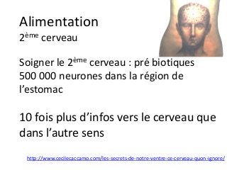 Alimentation
2ème cerveau
Soigner le 2ème cerveau : pré biotiques
500 000 neurones dans la région de
l’estomac
10 fois plus d’infos vers le cerveau que
dans l’autre sens
http://www.cecilecaccamo.com/les-secrets-de-notre-ventre-ce-cerveau-quon-ignore/
 