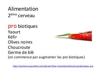 Alimentation
2ème cerveau
pro biotiques
Yaourt
Kéfir
Olives noires
Choucroute
Germe de blé
(on commence par augmenter les pro biotiques)
http://nutrition.aujourdhui.com/dossier/flore-intestinale/aliments-probiotiques.asp
 