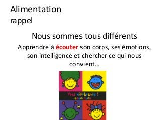 Alimentation
rappel
Nous sommes tous différents
Apprendre à écouter son corps, ses émotions,
son intelligence et chercher ce qui nous
convient…
 