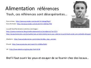 Alimentation références
Trash, ces références sont désespérantes…
Coca et eau : http://www.youtube.com/watch?v=SakqgY0lgrY
Coca formule : http://www.youtube.com/watch?v=r4zKI3q7TEE
La junk food fonctionne comme une drogue :
http://justice-medecine.blog.droitfondamental.eu/wordpress/?p=1125
http://www.lesinrocks.com/actualite/actu-article/article/accro-aux-calories-la-junk-food-serait-une-veritable-drogue/
Abattoirs : http://www.dailymotion.com/video/x2e6bx_stop_animals
Charal : http://www.youtube.com/watch?v=Jr0X8wTs0I4
Uk : http://laverabestia.org/play.php?vid=1038
Bref il faut ouvrir les yeux et essayer de se fournir chez des locaux…
 