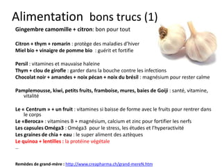 Alimentation
bon
Sucres «cachés» : pates, pain, riz
Sucres «visibles» : miel, mélasse
bio, sucre brun (après l’effort musculaire)
Le pain blanc, les pates, les pommes de terres sont des sucres…
http://www.doctissimo.fr/html/nutrition/mag_2001/mag1207/nu_4868_index_glycemique.htm
 