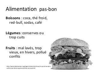 Alimentation pas-bon
Boissons : coca, thé froid,
red-bull, sodas, café
Légumes :conserves ou
trop cuits
Fruits : mal lavés, trop
vieux, en hivers, pollués,
confits
http://www.lelotenaction.org/pages/content/archives/ce-qui-arrive-dans-
votre-corps-30-mn-apres-avoir-bu-un-coca.html
 