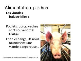 Alimentation pas-bon
Les viandes
industrielles :
Poulets, porcs, vaches
sont souvent mal
traités
Et en échange, ils nous
fournissent une
viande dangereuse…
http://www.regimesmaigrir.com/actualites/article.php?id=776
 