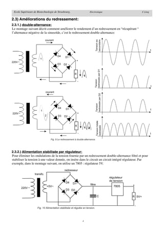 Ecole Supérieure de Biotechnologie de Strasbourg.                         Electronique                                       C.Ling


2.3) Améliorations du redressement:
2.3.1.) double-alternance:
Le montage suivant décrit comment améliorer le rendement d’un redressement en “récupérant “
l’alternance négative de la sinusoïde, c’est le redressement double-alternance:

                              courant




                                                                                    Tension au
                                                                                    secondaire
                                                                                                                                       t

                                          D4      D1
                       1
                                                              +
220V ~
                                          D3    D2




                                                                                   redressée par D1
                                                           R
                                                                   1




                                                                                   Tension
                                                               -
                                                                                                                                       t

                              courant

                                                                                    redressée par D2
                                                                                    Tension




                                          D4      D1
                        1                                                                                                              t
220V ~                                                         +
                              2           D3    D2
                                                                                        Tension totale




                                                           R
                                                                                        redressée




                                                                       1   2

                                                               -                                                                       t

                                    Fig. 9 Le redressement à double-alternance.




2.3.2.) Alimentation stabilisée par régulateur:
Pour éliminer les ondulations de la tension fournie par un redressement double-alternance ﬁltré et pour
stabiliser la tension à une valeur donnée, on insère dans le circuit un circuit intégré régulateur. Par
exemple, dans le montage suivant, on utilise un 7805 : régulateur 5V.

                                                 redresseur
                   transfo.
                                                                                                         régulateur
                                                                                                         de tension
                                                  D4     D1                    filtre                                 +
                                  >5V~                                                                      7805
         220V ~
                                                  D3 D2

                                                                                          C                           R 5V=


                                                                                                                          -
                     Fig. 10 Alimentation stabilisée et régulée en tension.




                                                                   4
 
