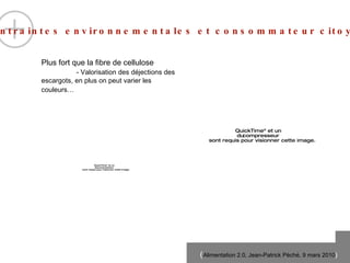 Contraintes environnementales et consommateur citoyen  Plus fort que la fibre de cellulose - Valorisation des déjections des escargots, en plus on peut varier les couleurs…   