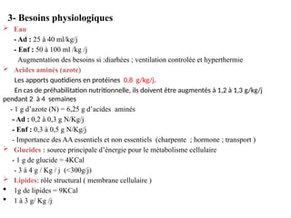 3- Besoins physiologiques
 Eau
- Ad : 25 à 40 ml/kg/j
- Enf : 50 à 100 ml /kg /j
Augmentation des besoins si :diarhées ; ventilation controlée et hyperthermie
 Acides aminés (azote)
Les apports quotidiens en protéines 0,8 g/kg/j.
En cas de préhabilitation nutritionnelle, ils doivent être augmentés à 1,2 à 1,3 g/kg/j
pendant 2 à 4 semaines
- 1 g d’azote (N) = 6,25 g d’acides aminés
- Ad : 0,2 à 0,3 g N/Kg/j
- Enf : 0,3 à 0,5 g N/Kg/j
- Importance des AA essentiels et non essentiels (charpente ; hormone ; transport )
 Glucides : source principale d’énergie pour le métabolisme cellulaire.
- 1 g de glucide = 4KCal
- 3 à 4 g / Kg / j (<300g/j)
 Lipides: rôle structural ( membrane cellulaire )
 1g de lipides = 9KCal
 1 à 3 g/ Kg /j
 