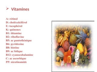  Vitamines
A: rétinol
D: cholécalciférol
E: tocophérol
K: quinones
B1: thiamine
B2: riboflavine
B5: ac pantothénique
B6: pyridoxine
B8: biotine
B9: ac folique
B12: cyanocobalamine
C: ac ascorbique
PP: nicotinamide
 