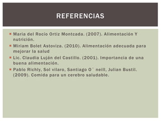  Maria del Rocío Ortiz Montcada. (2007). Alimentación Y
nutrición.
 Miriam Bolet Astoviza. (2010). Alimentación adecuada para
mejorar la salud
 Lic. Claudia Luján del Castillo. (2001). Importancia de una
buena alimentación.
 Pablo Richly, Sol vilaro, Santiago O´ neill, Julian Bustil.
(2009). Comida para un cerebro saludable.
REFERENCIAS
 
