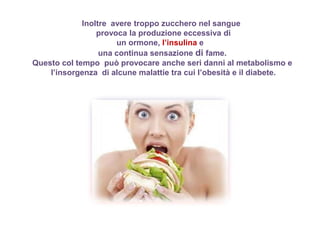 Inoltre avere troppo zucchero nel sangue
provoca la produzione eccessiva di
un ormone, l’insulina e
una continua sensazione di fame.
Questo col tempo può provocare anche seri danni al metabolismo e
l’insorgenza di alcune malattie tra cui l’obesità e il diabete.
 