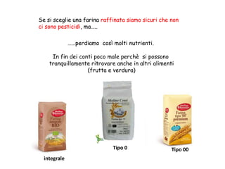 Se si sceglie una farina raffinata siamo sicuri che non
ci sono pesticidi, ma…..
……perdiamo così molti nutrienti.
In fin dei conti poco male perchè si possono
tranquillamente ritrovare anche in altri alimenti
(frutta e verdura)
Tipo 0 Tipo 00
integrale
 