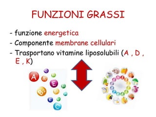 FUNZIONI GRASSI
- funzione energetica
- Componente membrane cellulari
- Trasportano vitamine liposolubili (A , D ,
E , K)
 