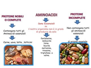 Sono Essenziali
se
il nostro organismo non è in grado
di produrre da solo
Carne, uova, latte , latticini di origine vegetale
Non contengono tutti
gli aminoacidi
essenziali
Contengono tutti gli
Aminoacidi essenziali
fenilalanina,
isoleucina
lisina,
leucina
metionina,
treonina,
triptofano e
valina.
 