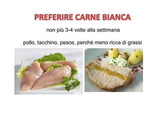 pollo, tacchino, pesce, perché meno ricca di grassi
non più 3-4 volte alla settimana
 