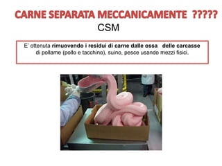 E’ ottenuta rimuovendo i residui di carne dalle ossa delle carcasse
di pollame (pollo e tacchino), suino, pesce usando mezzi fisici.
CSM
 