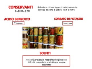 Da E200 a E 299
Rallentano o impediscono il deterioramento
del cibo da parte di batteri, lieviti e muffe.
E’ tossico.
.
Possono provocare reazioni allergiche con
difficoltà respiratorie, mal di testa, tosse e
debolezza
innocuo
 