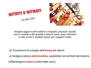 Vengono aggiunti come additivi a insaccati, prosciutti, wurstel,
carni in scatola e altri prodotti a base di carne, pesci marinati e
a volte anche in prodotti caseari per i seguenti motivi:
 Favoriscono lo sviluppo dell’aroma dei salumi
 Svolgono azione antimicrobica, soprattutto nei confronti del botulino
 Mantengono rosso il colore della carne
 