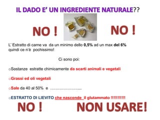 ??
L’ Estratto di carne va da un minimo dello 0,5% ad un max del 6%
quindi ce n’è pochissimo!
Ci sono poi:
oSostanze estratte chimicamente da scarti animali e vegetali
oGrassi ed oli vegetali
oSale da 40 al 50% e …………………...
oESTRATTO DI LIEVITO che nasconde il glutammato !!!!!!!!!!!
 