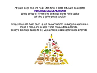 I cibi presenti alla base sono quelli da consumare in maggiore quantità e,
mano a mano che si sale verso l'apice della piramide,
occorre diminuire l'apporto dei vari alimenti rappresentati nella piramide
All'inizio degli anni 90' negli Stati Uniti è stata diffusa la cosiddetta
con lo scopo di fornire una semplice guida nella scelta
del cibo e delle giuste porzioni
 