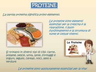 La parola proteina significa primo elemento.
Le proteine sono assolutamente essenziali per la vita!
Si trovano in diversi tipi di cibi: carne,
pollame, pesce, uova, latte, formaggi e
yogurt, legumi, cereali, noci, semi e
verdure.
Le proteine sono elementi
essenziali per la crescita e la
riparazione, il buon
funzionamento e la struttura di
tutte le cellule viventi.
 