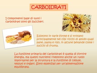 CARBOIDRATI
I componenti base di tutti i
carboidrati sono gli zuccheri.
Esistono in varie forme e si trovano
principalmente nei cibi ricchi di amido quali
pane, pasta e riso, in alcune bevande come i
succhi di frutta.
La funzione primaria dei carboidrati è quella di fornire
energia, ma questi nutrienti rivestono anche un ruolo
importante per la struttura e la funzione di cellule,
tessuti e organi. Sono essenziali per un’alimentazione
equilibrata.
 