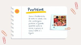 Sono il fondamento
di tutte le cellule. Cibi
che contengono
proteine in grande
quantità sono la
cerne, il pesce, le
uova, il latte e i
legumi
 