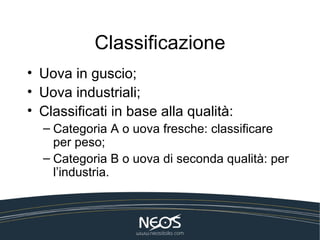 Classificazione
• Uova in guscio;
• Uova industriali;
• Classificati in base alla qualità:
  – Categoria A o uova fresche: classificare
    per peso;
  – Categoria B o uova di seconda qualità: per
    l’industria.
 