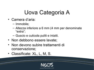 Uova Categoria A
• Camera d’aria:
  – Immobile;
  – Altezza inferiore a 6 mm (4 mm per denominate
    “extra”;
  – Guscio e cuticola puliti e intatti.
• Non debbono essere lavate;
• Non devono subire trattamenti di
  conservazione;
• Classificate: XL, L, M, S.
 