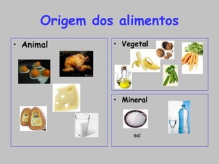 Origem dos alimentos
• Animal        • Vegetal




                • Mineral



                     sal
 