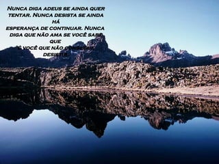 Nunca diga adeus se ainda quer tentar. Nunca desista se ainda há esperança de continuar. Nunca  diga que não ama se você sabe que  é você que não consegue desistir. 
