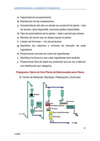 ALIMENTO BALANCEADO – ELABORACION Y FORMULACION 
______________ _____________________________________________________________________________ 
E. ORNA 
20 
a. Capacidad de procesamiento 
b. Distribución de las instalaciones 
c. Características del sitio en donde se construirá la planta – tipo de terreno, área disponible, servicios público disponibles. 
d. Tipo de automatismo de la planta – total o parcial (por áreas) 
e. Número de turnos que se desea operar la planta. 
f. Listado de formulas – mix de productos 
g. Identificar los máximos y mínimos de inclusión de cada ingrediente 
h. Proporcionar una lista de costo de ingredientes. 
i. Identificar la forma en que cada ingrediente será recibido. 
j. Proporcionar lista de todos los productos que se van a fabricar con distribución por categoría. 
Flujograma Típico de Una Planta de Balanceados para Peces 
B. Centro de Molienda, Mezclado, Peletización y Extrusión  