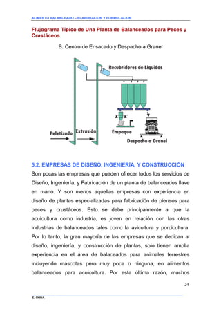 ALIMENTO BALANCEADO – ELABORACION Y FORMULACION 
______________ _____________________________________________________________________________ 
E. ORNA 
24 
Flujograma Típico de Una Planta de Balanceados para Peces y Crustáceos 
B. Centro de Ensacado y Despacho a Granel 
5.2. EMPRESAS DE DISEÑO, INGENIERÍA, Y CONSTRUCCIÓN 
Son pocas las empresas que pueden ofrecer todos los servicios de Diseño, Ingeniería, y Fabricación de un planta de balanceados llave en mano. Y son menos aquellas empresas con experiencia en diseño de plantas especializadas para fabricación de piensos para peces y crustáceos. Esto se debe principalmente a que la acuicultura como industria, es joven en relación con las otras industrias de balanceados tales como la avicultura y porcicultura. Por lo tanto, la gran mayoría de las empresas que se dedican al diseño, ingeniería, y construcción de plantas, solo tienen amplia experiencia en el área de balaceados para animales terrestres incluyendo mascotas pero muy poca o ninguna, en alimentos balanceados para acuicultura. Por esta última razón, muchos  