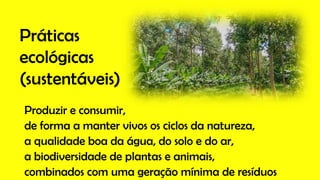 Práticas
ecológicas
(sustentáveis)
Produzir e consumir,
de forma a manter vivos os ciclos da natureza,
a qualidade boa da água, do solo e do ar,
a biodiversidade de plantas e animais,
combinados com uma geração mínima de resíduos
 