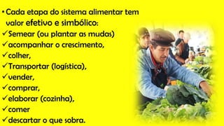 •Cada etapa do sistema alimentar tem
valor efetivo e simbólico:
Semear (ou plantar as mudas)
acompanhar o crescimento,
colher,
Transportar (logística),
vender,
comprar,
elaborar (cozinha),
comer
descartar o que sobra.
 