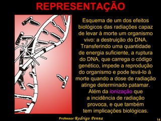 REPRESENTAÇÃO Professor  Rodrigo Penna Esquema de um dos efeitos biológicos das radiações capaz de levar à morte um organismo vivo: a destruição do DNA. Transferindo uma quantidade de energia suficiente, a ruptura do DNA, que carrega o código genético, impede a reprodução do organismo e pode levá-lo à  morte quando a dose de radiação atinge determinado patamar. Além da  ionização  que a incidência de radiação provoca, e que também tem implicações biológicas. 