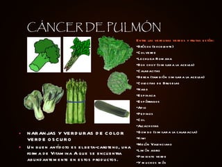 NARANJAS Y VERDURAS DE COLOR VERDE OSCURO Un buen antídoto es el beta-caroteno, una forma de Vitamina A que se encuentra abundantemente en estos productos. Entre las verduras verdes y frutas están: Brócoli (excelente) Col verde Lechuga Romana Bok choy (similar a la acelga) Calabacitas                   Berza (también similar a la acelga) Colecitas de Bruselas Nabo Espinaca Espárragos Apio                Pepinos Col Alcachofas Gombo (similar a la calabacila) Kiwi Melón Valenciano Limón agrio Pimiento verde Y muchos más   CÁNCER DE PULMÓN 