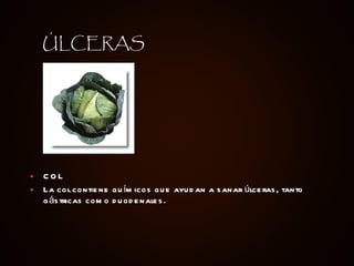 COL La col contiene químicos que ayudan a sanar úlceras, tanto gástricas como duodenales.   ÚLCERAS 