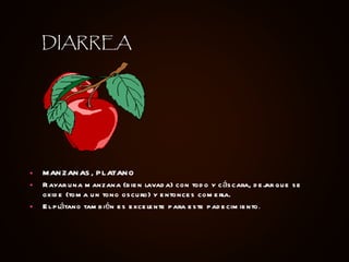 MANZANAS, PLATANO Rayar una manzana (bien lavada) con todo y cáscara, dejar que se oxide (toma un tono oscuro) y entonces comerla. El plátano también es excelente para este padecimiento . DIARREA 