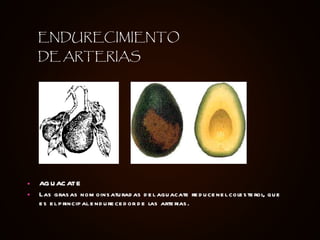 AGUACATE Las grasas nomoinsaturadas del aguacate reducenel colesterol, que es el principal endurecedor de las arterias. ENDURECIMIENTO DE ARTERIAS 