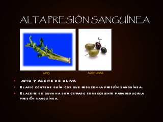 APIO Y ACEITE DE OLIVA El apio contiene químicos que reducen la presión sanguínea.  El aceite de oliva ha demostrado ser excelente para reducir la presión sanguínea. ALTA PRESIÓN SANGUÍNEA APIO ACEITUNAS 
