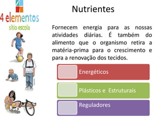 NutrientesFornecem energia para as nossas atividades diárias. É também do alimento que o organismo retira a matéria-prima para o crescimento e para a renovação dos tecidos.