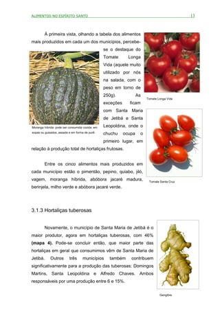 ALIMENTOS NO ESPÍRITO SANTO                                                                   13



        À primeira vista, olhando a tabela dos alimentos
mais produzidos em cada um dos municípios, percebe-
                                                 se o destaque do
                                                 Tomate       Longa
                                                 Vida (aquele muito
                                                 utilizado por nós
                                                 na salada, com o
                                                 peso em torno de
                                                 250g).             As
                                                                         Tomate Longa Vida
                                                 exceções     ficam
                                                 com Santa Maria
                                                 de Jetibá e Santa

Moranga híbrida: pode ser consumida cozida, em   Leopoldina, onde o
sopas ou guisados, assada e em forma de purê.    chuchu     ocupa    o
                                                 primeiro lugar, em
relação à produção total de hortaliças frutosas.


        Entre os cinco alimentos mais produzidos em
cada município estão o pimentão, pepino, quiabo, jiló,
vagem, moranga híbrida, abóbora jacaré madura,                            Tomate Santa Cruz
berinjela, milho verde e abóbora jacaré verde.




3.1.3 Hortaliças tuberosas


        Novamente, o município de Santa Maria de Jetibá é o
maior produtor, agora em hortaliças tuberosas, com 46%
(mapa 4). Pode-se concluir então, que maior parte das
hortaliças em geral que consumimos vêm de Santa Maria de
Jetibá.      Outros       três      municípios      também     contribuem
significativamente para a produção das tuberosas: Domingos
Martins, Santa Leopoldina e Alfredo Chaves. Ambos
responsáveis por uma produção entre 6 e 15%.


                                                                                 Gengibre
 