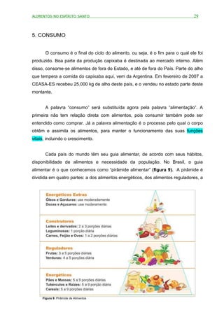 ALIMENTOS NO ESPÍRITO SANTO                                                    29



5. CONSUMO


      O consumo é o final do ciclo do alimento, ou seja, é o fim para o qual ele foi
produzido. Boa parte da produção capixaba é destinada ao mercado interno. Além
disso, consome-se alimentos de fora do Estado, e até de fora do País. Parte do alho
que tempera a comida do capixaba aqui, vem da Argentina. Em fevereiro de 2007 a
CEASA-ES recebeu 25.000 kg de alho deste país, e o vendeu no estado parte deste
montante.


      A palavra “consumo” será substituída agora pela palavra “alimentação”. A
primeira não tem relação direta com alimentos, pois consumir também pode ser
entendido como comprar. Já a palavra alimentação é o processo pelo qual o corpo
obtêm e assimila os alimentos, para manter o funcionamento das suas funções
vitais, incluindo o crescimento.


      Cada país do mundo têm seu guia alimentar, de acordo com seus hábitos,
disponibilidade de alimentos e necessidade da população. No Brasil, o guia
alimentar é o que conhecemos como “pirâmide alimentar” (figura 9). A pirâmide é
dividida em quatro partes: a dos alimentos energéticos, dos alimentos reguladores, a




     Figura 9: Pirâmide de Alimentos
 