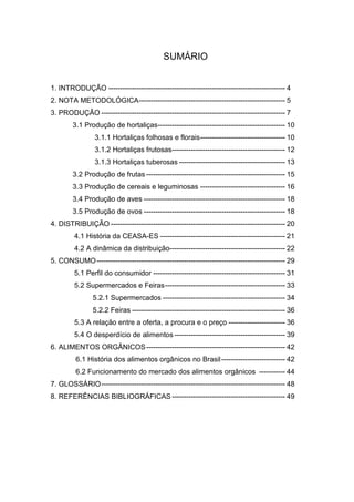 SUMÁRIO


1. INTRODUÇÃO --------------------------------------------------------------------------- 4
2. NOTA METODOLÓGICA -------------------------------------------------------------- 5
3. PRODUÇÃO ------------------------------------------------------------------------------ 7
        3.1 Produção de hortaliças ------------------------------------------------------ 10
                3.1.1 Hortaliças folhosas e florais ------------------------------------ 10
                3.1.2 Hortaliças frutosas ------------------------------------------------ 12
                3.1.3 Hortaliças tuberosas --------------------------------------------- 13
        3.2 Produção de frutas ----------------------------------------------------------- 15
        3.3 Produção de cereais e leguminosas ------------------------------------ 16
        3.4 Produção de aves ------------------------------------------------------------ 18
        3.5 Produção de ovos ------------------------------------------------------------ 18
4. DISTRIBUIÇÃO -------------------------------------------------------------------------- 20
         4.1 História da CEASA-ES ----------------------------------------------------- 21
         4.2 A dinâmica da distribuição------------------------------------------------- 22
5. CONSUMO -------------------------------------------------------------------------------- 29
         5.1 Perfil do consumidor -------------------------------------------------------- 31
         5.2 Supermercados e Feiras --------------------------------------------------- 33
                5.2.1 Supermercados ---------------------------------------------------- 34
                5.2.2 Feiras ----------------------------------------------------------------- 36
         5.3 A relação entre a oferta, a procura e o preço ------------------------ 36
         5.4 O desperdício de alimentos ----------------------------------------------- 39
6. ALIMENTOS ORGÂNICOS ----------------------------------------------------------- 42
         6.1 História dos alimentos orgânicos no Brasil --------------------------- 42
         6.2 Funcionamento do mercado dos alimentos orgânicos ----------- 44
7. GLOSSÁRIO ------------------------------------------------------------------------------ 48
8. REFERÊNCIAS BIBLIOGRÁFICAS ------------------------------------------------ 49
 