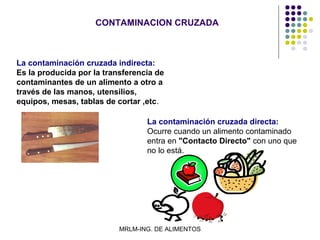 CONTAMINACION CRUZADA



La contaminación cruzada indirecta:
Es la producida por la transferencia de
contaminantes de un alimento a otro a
través de las manos, utensilios,
equipos, mesas, tablas de cortar ,etc.

                                  La contaminación cruzada directa:
                                  Ocurre cuando un alimento contaminado
                                  entra en "Contacto Directo" con uno que
                                  no lo está.




                           MRLM-ING. DE ALIMENTOS
 