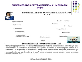 ENFERMEDADES DE TRANSMISION ALIMENTARIA
                                ETA’S
                                          ENFERMEDADES DE TRANSMISION ALIMENTARIA
                                                           ETA’S




                                                                                           Gastroenteritis
               Salmonellosis
                                                                                   Cólera
                  Botulismo
                                                                                                       Brucelosis

                   Listeriosis                                                             Hepatitis A

                      Shiguellosis
                                                                                                    Amibiasis

                         Infecciones
                         Estafilococcicas                                                       Giardiasis
                                                             Cisticercosis


                                                               MRLM



                      ENFERMEDADES DE TRANSMISION ALIMENTARIA
“Son patologías producidas por la ingestión accidental, incidental o intencional de alimentos y/o agua
contaminados en cantidades suficientes con agentes químicos o microbiológicos, debido a la
deficiencia en el proceso de elaboración, manipulación, conservación, transporte, distribución y/o
comercialización de los alimentos y el agua” (Benenson, A. Intoxicaciones alimentarias. Manual para el control de las enfermedades
transmisibles, 16° edición 1997; 272-3)




                                                MRLM-ING. DE ALIMENTOS
 