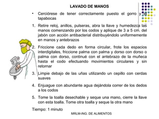 LAVADO DE MANOS
•   Cerciórese de tener correctamente puesto el gorro y el
    tapabocas
1. Retire reloj, anillos, pulseras, abra la llave y humedezca las
   manos comenzando por los codos y aplique de 3 a 5 cm. del
   jabón con acción antibacterial distribuyéndolo uniformemente
   en manos y antebrazos
2. Friccione cada dedo en forma circular, frote los espacios
   interdigitales, friccione palma con palma y dorso con dorso o
   palma con dorso, continué con el antebrazo de la muñeca
   hasta el codo efectuando movimientos circulares y sin
   retornar
3. Limpie debajo de las uñas utilizando un cepillo con cerdas
   suaves
4. Enjuague con abundante agua dejándola correr de los dedos
   a los codos
5. Tome la toalla desechable y seque una mano, cierre la llave
   con esta toalla. Tome otra toalla y seque la otra mano
Tiempo: 1 minuto
                      MRLM-ING. DE ALIMENTOS
 