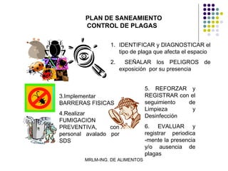 PLAN DE SANEAMIENTO
        CONTROL DE PLAGAS


                 1. IDENTIFICAR y DIAGNOSTICAR el
                    tipo de plaga que afecta el espacio
                 2.     SEÑALAR los PELIGROS de
                      exposición por su presencia


                                 5. REFORZAR y
3.Implementar                    REGISTRAR con el
BARRERAS FISICAS                 seguimiento  de
                                 Limpieza       y
4.Realizar                       Desinfección
FUMIGACION
PREVENTIVA,      con             6. EVALUAR y
personal avalado por             registrar periodica
SDS                              -mente la presencia
                                 y/o ausencia de
                                 plagas
        MRLM-ING. DE ALIMENTOS
 