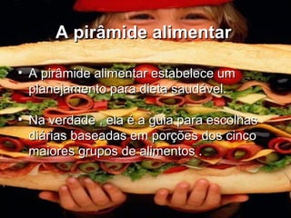 A pirâmide alimentarA pirâmide alimentar
• A pirâmide alimentar estabelece umA pirâmide alimentar estabelece um
planejamento para dieta saudável.planejamento para dieta saudável.
• Na verdade , ela é a guia para escolhasNa verdade , ela é a guia para escolhas
diárias baseadas em porções dos cincodiárias baseadas em porções dos cinco
maiores grupos de alimentos .maiores grupos de alimentos .
 